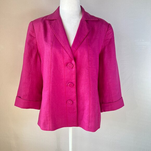 💕Windmoor :Bold & Beautiful Vintage-vibe Fuchsia 100% Linen Jacket size 12 - Picture 3 of 15
